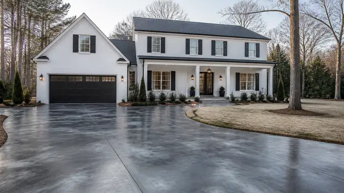 Acid-stained concrete floor in charcoal and blue-grey marbled tones at a painted-white-brick two-story home in Sandy Springs, GA, in early morning light.