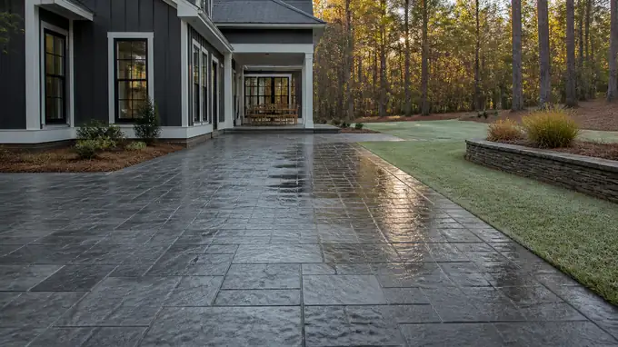 A roller applies sealer to a stamped patio surface. at a charcoal farmhouse-modern home in Sandy Springs, GA, in early morning light.