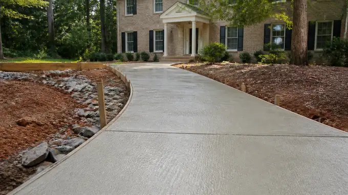A bull float smooths a residential walkway surface after screeding. at a tan-brick colonial in Sandy Springs, GA, under bright midday cloud.