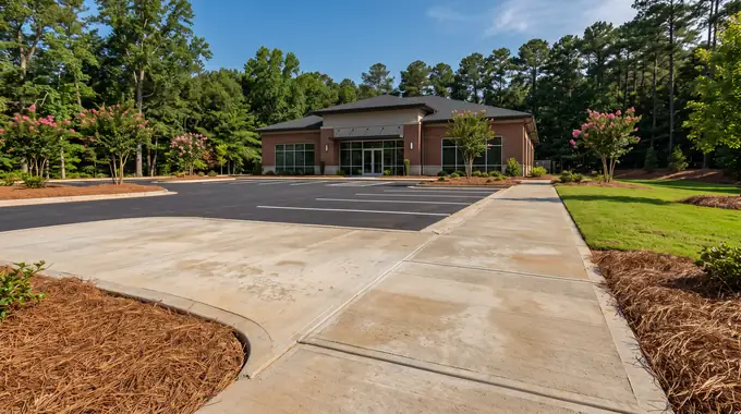 Concrete walkway and entry paving at a suburban office building in Sandy Springs, GA, in clear late-morning sun.