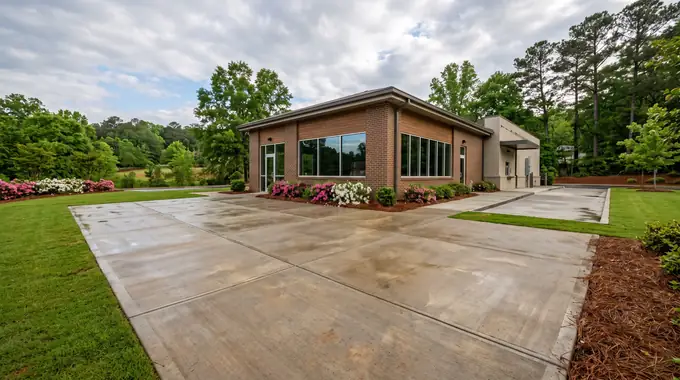 Concrete patio slab and service apron behind a restaurant in Sandy Springs, GA, after a rain shower.