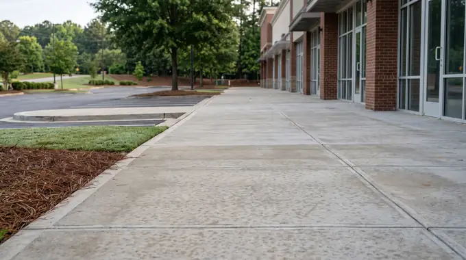 Concrete sidewalk and parking-lot island paving at a retail center in Sandy Springs, GA, in early morning light.