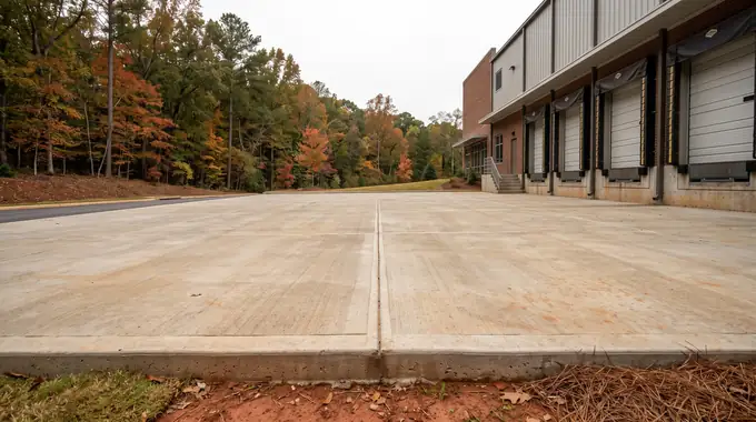 Concrete loading dock apron and truck pad at a distribution building in Sandy Springs, GA, under an overcast sky.