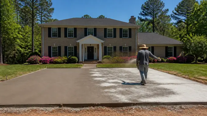 Dry-shake colour hardener being broadcast onto fresh concrete at a tan-brick colonial in Sandy Springs, GA, in clear late-morning sun.