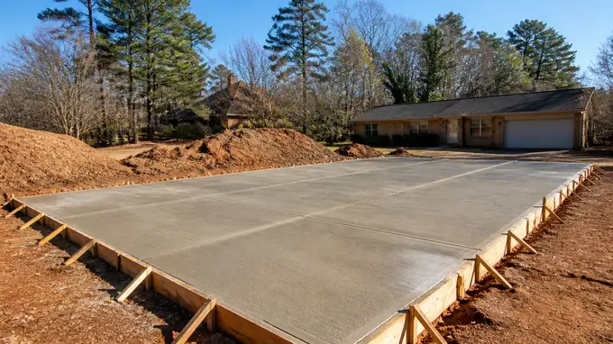 concrete construction services completed by a local contractor at a buff-brick ranch home in Sandy Springs, GA, in full afternoon sun.