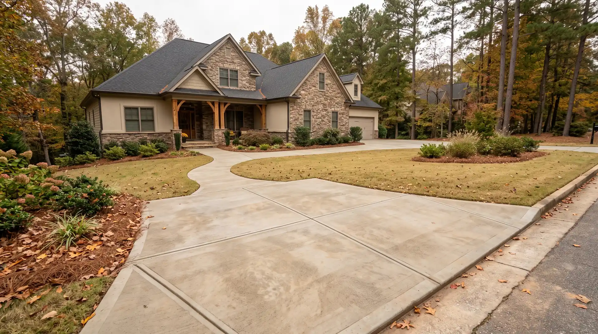 Wide view of finished concrete flatwork across the front of a home at a stacked-stone and stucco home in Sandy Springs, GA, under an overcast sky.