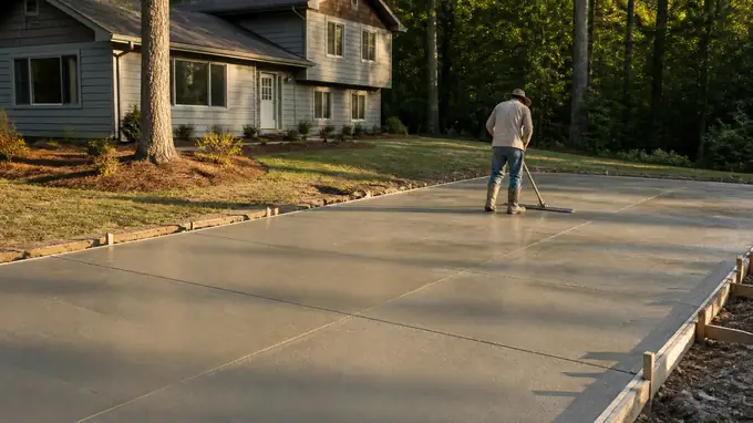 Control joints cut into a new slab the day after the pour at a grey split-level home in Sandy Springs, GA, in late afternoon light.