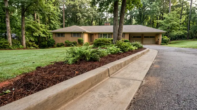Poured concrete curbing with a rolled profile along a driveway edge at a buff-brick ranch home in Sandy Springs, GA, in early morning light.