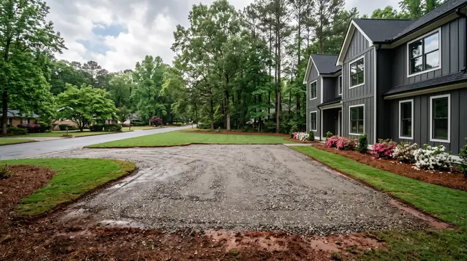 Broken-out concrete removed and the base rebuilt before a new pour at a charcoal farmhouse-modern home in Sandy Springs, GA, after a rain shower.
