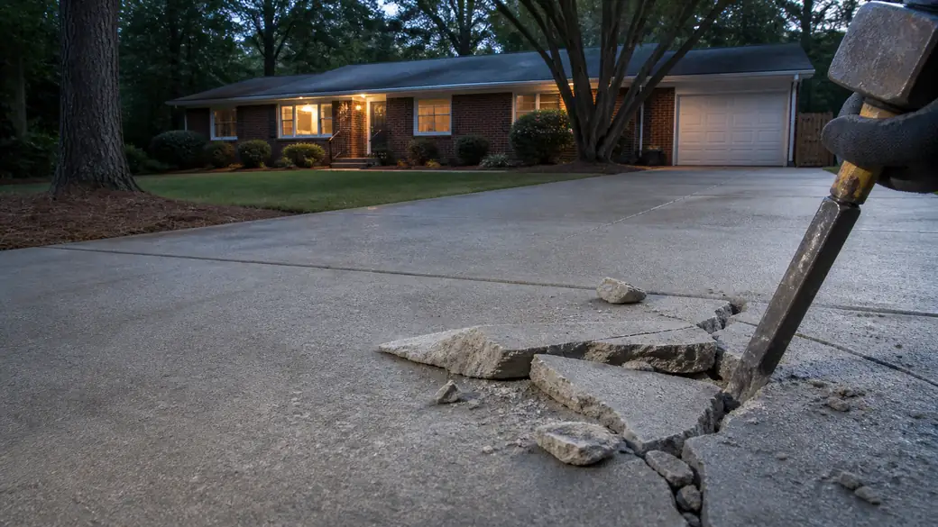 concrete driveway crack repair completed by a local contractor at a red-brick ranch home in Sandy Springs, GA, at blue hour.