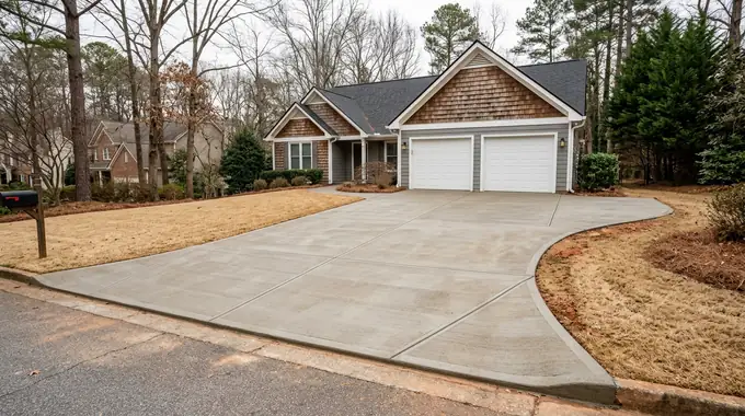 Broom-finished concrete driveway running up to a two-car garage at a grey split-level home in Sandy Springs, GA, under bright midday cloud.