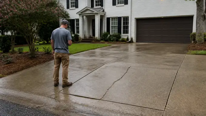 Cracked driveway panel cut out and marked for repair at a painted-white-brick two-story home in Sandy Springs, GA, after a rain shower.
