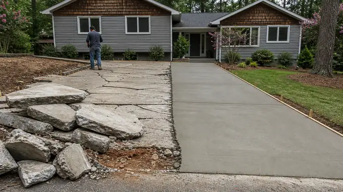 Old driveway broken out with a new concrete pour underway beside it at a grey split-level home in Sandy Springs, GA, under bright midday cloud.