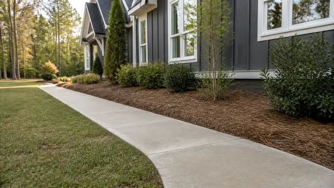 Low concrete edging strip along a mulched garden bed at a charcoal farmhouse-modern home in Sandy Springs, GA, under bright midday cloud.