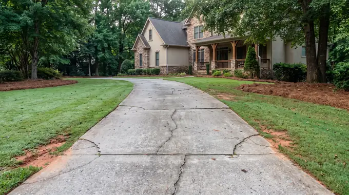Concrete driveway and walk at a home, the kind of job an estimate covers at a stacked-stone and stucco home in Sandy Springs, GA, in early morning light.