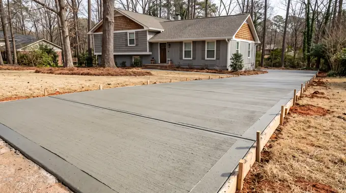 Freshly finished concrete slab curing under a clean broom texture at a grey split-level home in Sandy Springs, GA, under bright midday cloud.