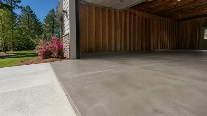 New concrete garage floor slab troweled smooth in an unfinished garage in Sandy Springs, GA, in clear late-morning sun.
