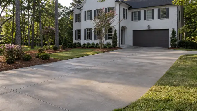 concrete flooring installation completed by a local contractor at a painted-white-brick two-story home in Sandy Springs, GA, under low winter sun.
