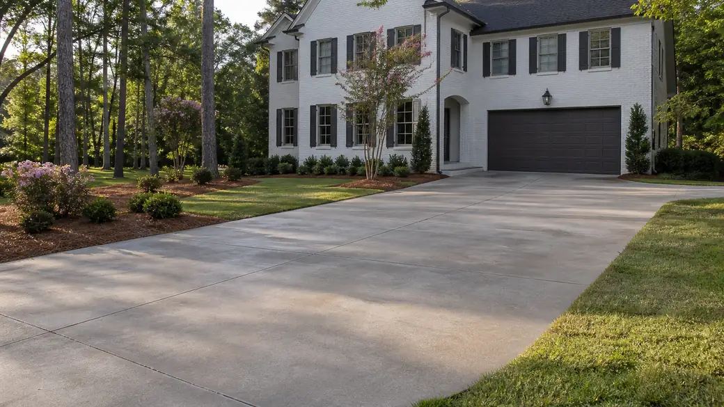 concrete flooring installation completed by a local contractor at a painted-white-brick two-story home in Sandy Springs, GA, under low winter sun.