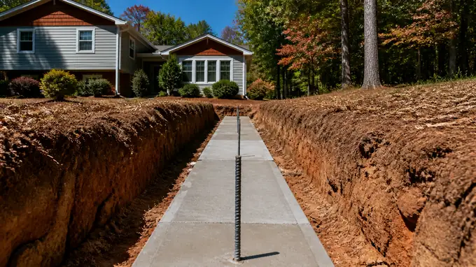 Concrete footing poured at the base of an excavated trench, dowels set at a grey split-level home in Sandy Springs, GA, in clear late-morning sun.