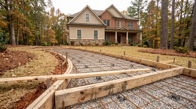 Wooden forms and rebar grid set and tied, ready for concrete at a brick-and-siding two-story home in Sandy Springs, GA, under an overcast sky.