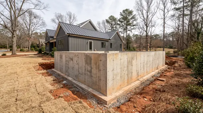 Poured concrete foundation wall and footing for a room addition at a charcoal farmhouse-modern home in Sandy Springs, GA, under bright midday cloud.