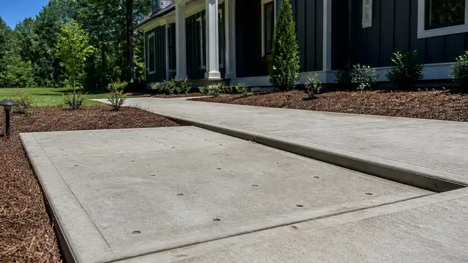 Sunken concrete slab with small drill holes for leveling at a charcoal farmhouse-modern home in Sandy Springs, GA, in clear late-morning sun.