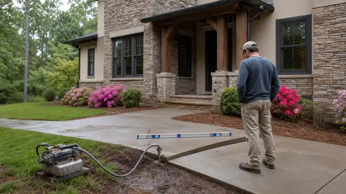 Slab-jacking pump lifting a sunken concrete slab back level at a stacked-stone and stucco home in Sandy Springs, GA, after a rain shower.
