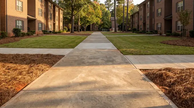 Concrete sidewalk network between buildings at an apartment community in Sandy Springs, GA, in late afternoon light.