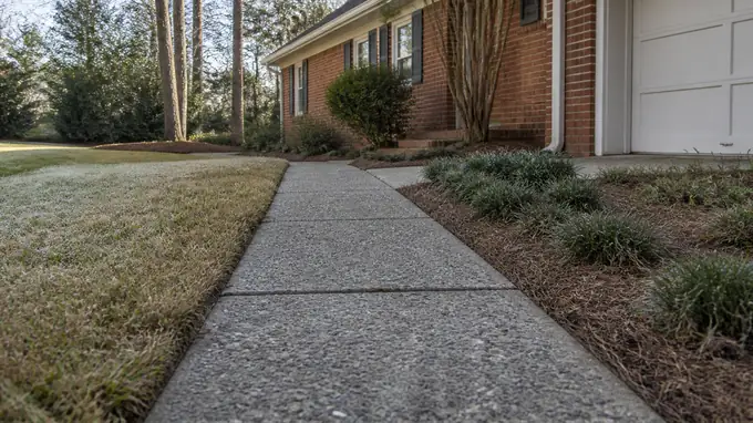 Narrow exposed-aggregate concrete garden path bordered by plantings at a red-brick ranch home in Sandy Springs, GA, in early morning light.