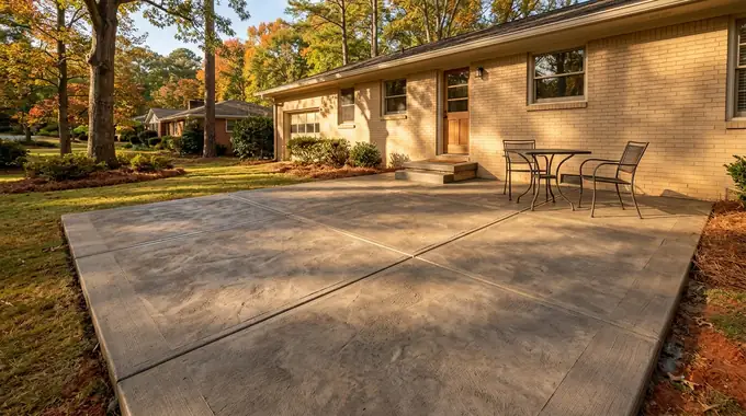 Rectangular concrete patio with a low step up to the rear door at a buff-brick ranch home in Sandy Springs, GA, in late afternoon light.