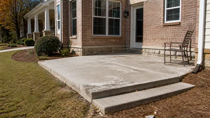 Worn back patio and steps of the kind a written estimate prices at a brick-and-siding two-story home in Sandy Springs, GA, in clear late-morning sun.