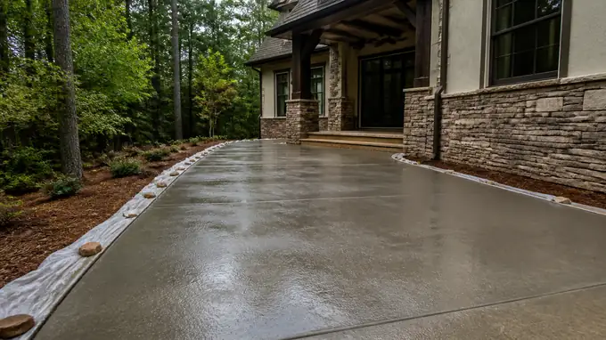 Freshly poured concrete patio still curing under plastic sheeting at a stacked-stone and stucco home in Sandy Springs, GA, after a rain shower.