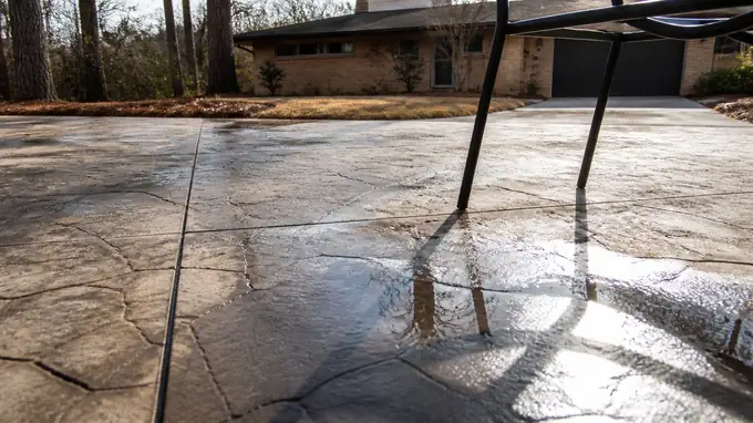 concrete patio repair completed by a local contractor at a buff-brick ranch home in Sandy Springs, GA, after a rain shower.