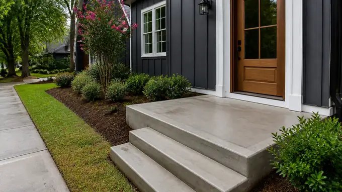 Small concrete front porch slab with a tooled edge at a charcoal farmhouse-modern home in Sandy Springs, GA, after a rain shower.