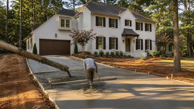 Concrete being poured and screeded across a formed slab at a painted-white-brick two-story home in Sandy Springs, GA, in late afternoon light.