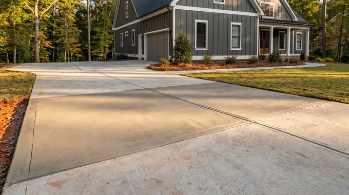 Replaced concrete driveway panel with clean saw-cut edges at a charcoal farmhouse-modern home in Sandy Springs, GA, in late afternoon light.