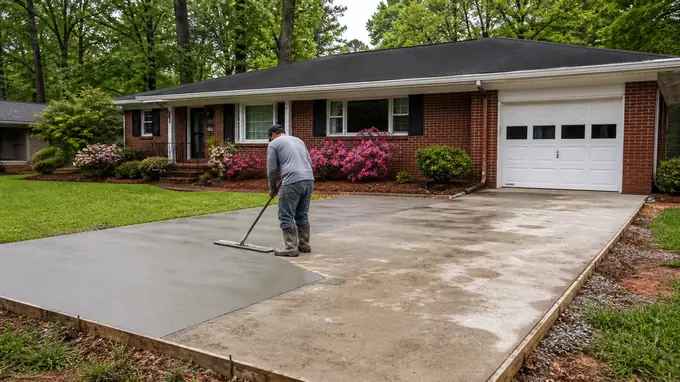 Thin concrete overlay being troweled onto an old worn slab at a red-brick ranch home in Sandy Springs, GA, after a rain shower.