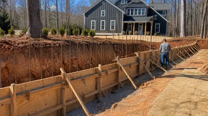 Retaining wall forms and reinforcing steel set before the pour at a charcoal farmhouse-modern home in Sandy Springs, GA, in clear late-morning sun.