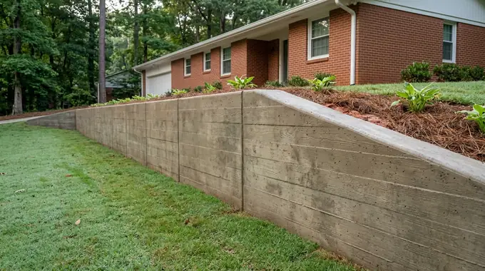 Board-formed concrete retaining wall holding a raised lawn at a red-brick ranch home in Sandy Springs, GA, in early morning light.