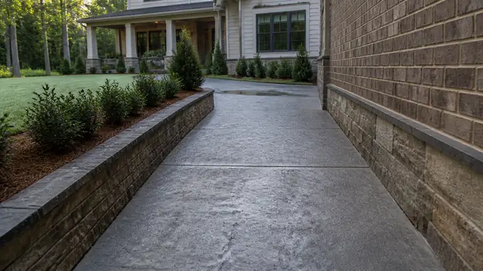 concrete sidewalk installation completed by a local contractor at a brick-and-siding two-story home in Sandy Springs, GA, in early morning light.