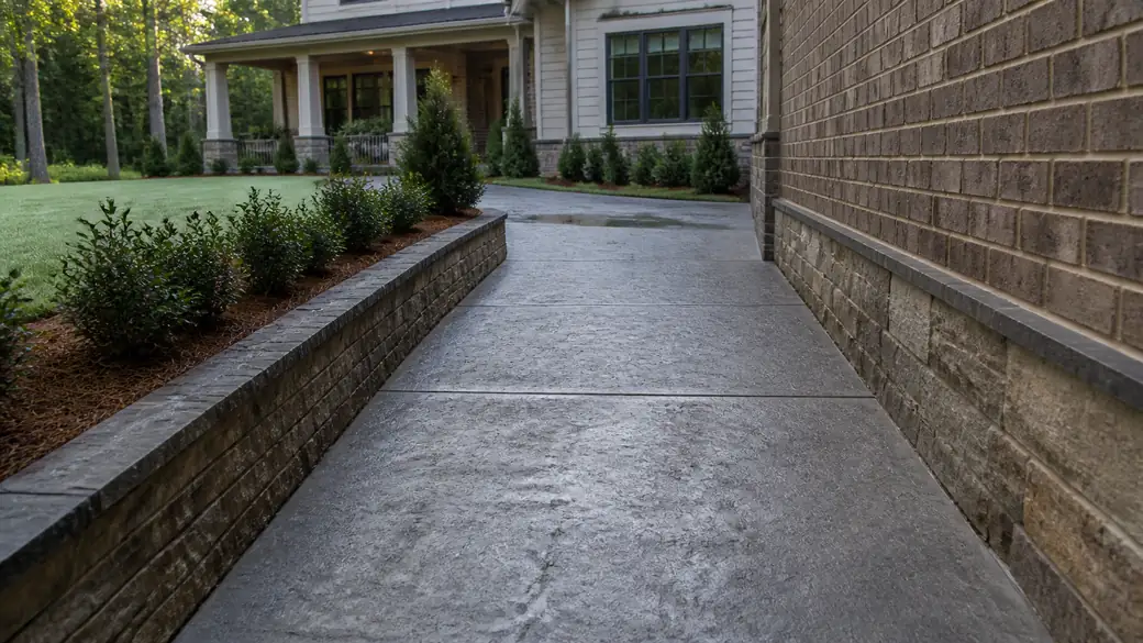 concrete sidewalk installation completed by a local contractor at a brick-and-siding two-story home in Sandy Springs, GA, in early morning light.