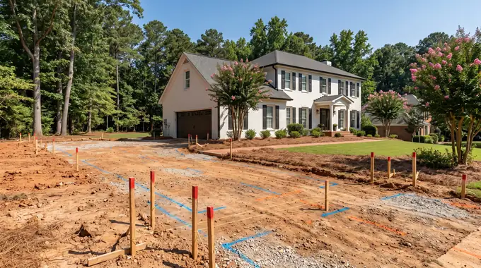String lines and grade stakes laid out across a yard before a pour at a painted-white-brick two-story home in Sandy Springs, GA, in clear late-morning sun.