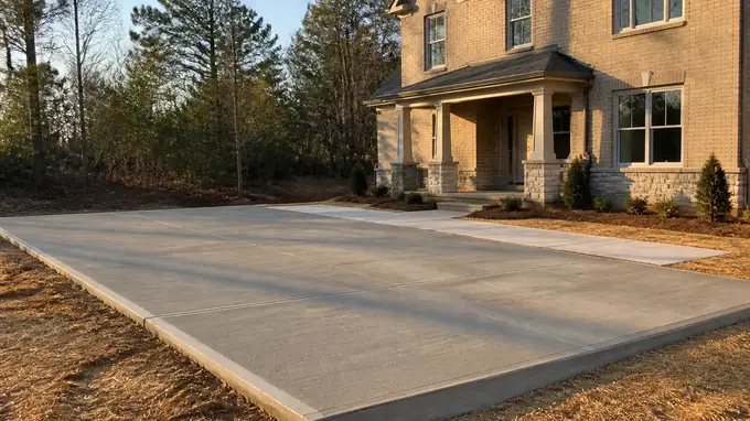 concrete slab installation completed by a local contractor at a brick-and-siding two-story home in Sandy Springs, GA, in late afternoon light.