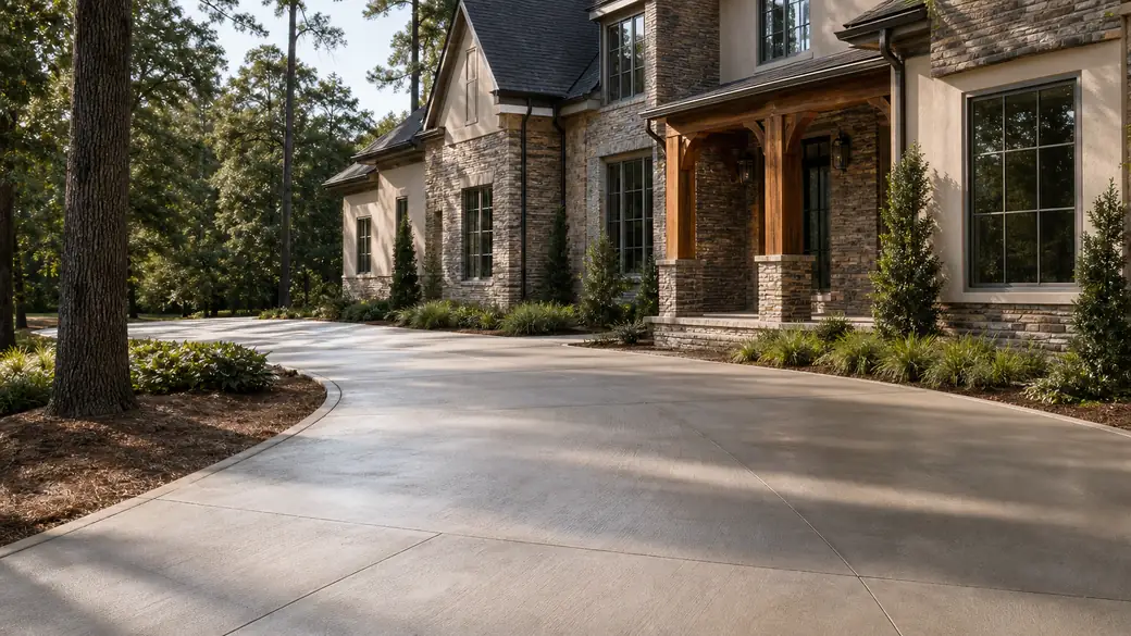 concrete slab repair completed by a local contractor at a stacked-stone and stucco home in Sandy Springs, GA, in raking morning side light.