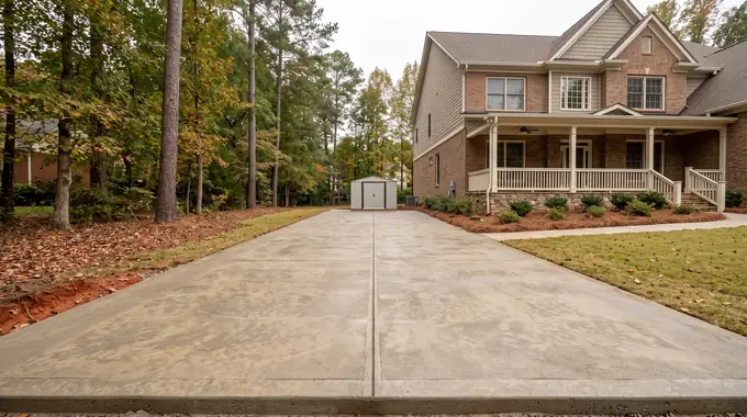 Square-edged concrete slab pad with a storage shed on it at a brick-and-siding two-story home in Sandy Springs, GA, under an overcast sky.