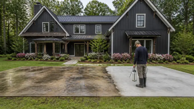 Acid stain being sprayed onto a concrete surface, half-applied at a charcoal farmhouse-modern home in Sandy Springs, GA, in early morning light.
