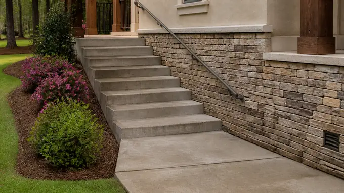 Concrete exterior stairs with a pipe handrail leading to a side entry at a stacked-stone and stucco home in Sandy Springs, GA, after a rain shower.
