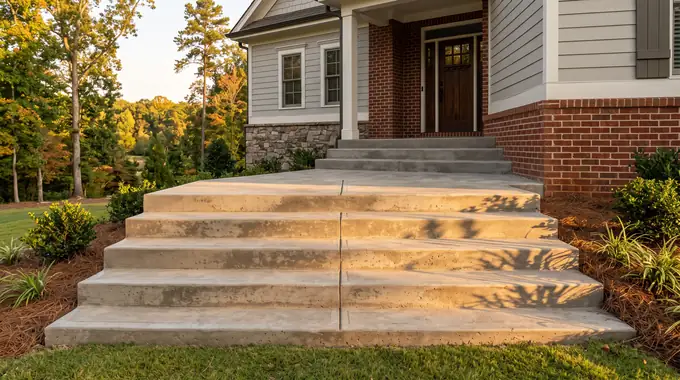 Poured concrete front steps rising to a landing at the front door at a brick-and-siding two-story home in Sandy Springs, GA, in late afternoon light.