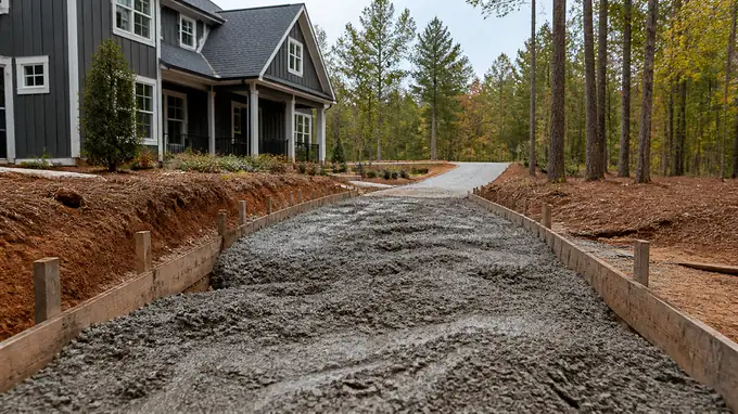 A ready-mix truck discharges concrete into a driveway form. at a charcoal farmhouse-modern home in Sandy Springs, GA, under a hazy afternoon sky.